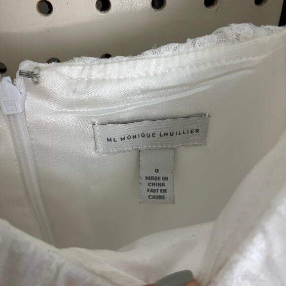 ML Monique Lhuillier White Lace Bishop-Sleeve Mini Dress Sz 0 — Bridal - Picture 6 of 10